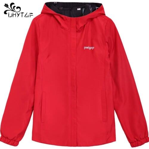 UHYTGF Windbreaker female spring and autumn clothes Double-faced womens jacket Korean hooded top Plus size Slim coat female X40