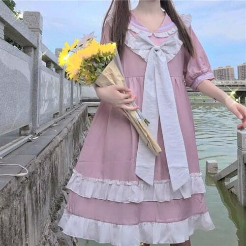 Japanese College Sailor Collar Sweet Bow Stitching Loose Waist fairy dress tea party lolita dress sweet lolita doll