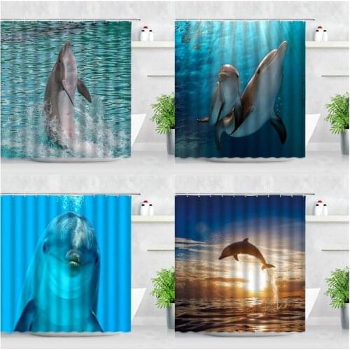3D Funny Dolphin Waterproof Shower Curtain Set Sunlight Sea Animal Fish Print Bathroom Curtains Ocean Scenery Bath Decor Screens