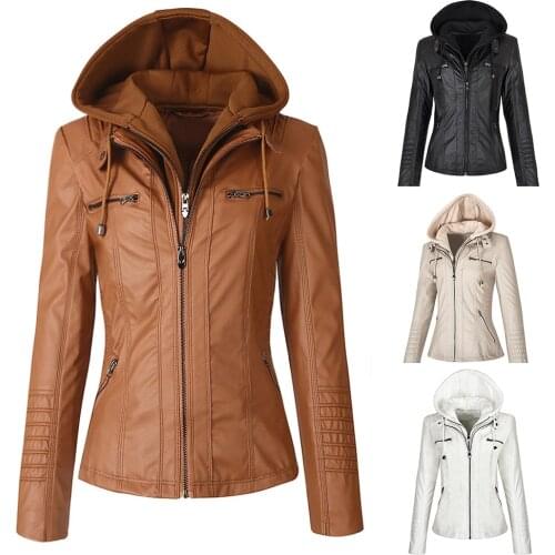 Women Fashion Windproof Jackets Plus Size Pockets Long Sleeve Autumn Winter Hooded Leather Outerwear Zipper Casual Coats