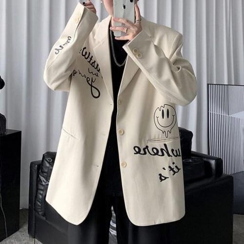 Apricot Letters Graffiti Oversized Blazer Women Jacket Coat Loose Streetwear Spring Outerwear 2021 New Korean Style Office Lady