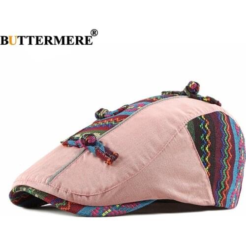 BUTTERMERE Pink Beret Hat Women Cotton Patchwork Ethnic Style Berets for Women Spring Summer Brand New Female Flat Cap