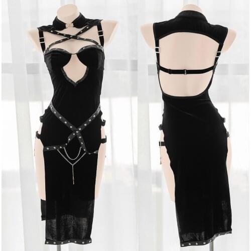 Gothic Dark Black Girl Open chest Cheongsam Dress Sexy Lolita Hollow Out PU Rivet Binding Band Split Velvet Backless Nightdress