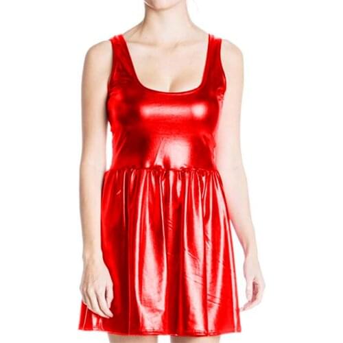 Plus Size Sexy Women Glitter Mini Dress Casual Sleeveless Skater Pleated Dress High Waist Faux Leather Stretchy Tank Vestido