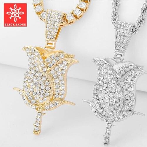 Golden rose flower classic necklace and pendant white crystal zircon men and women hip hop jewelry gifts wholesale