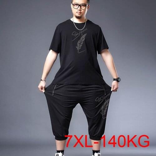 140Kg Large size mens summer casual suit bust 143 3XL 4XL 5XL 6XL 7XL short-sleeved cropped trousers suit black