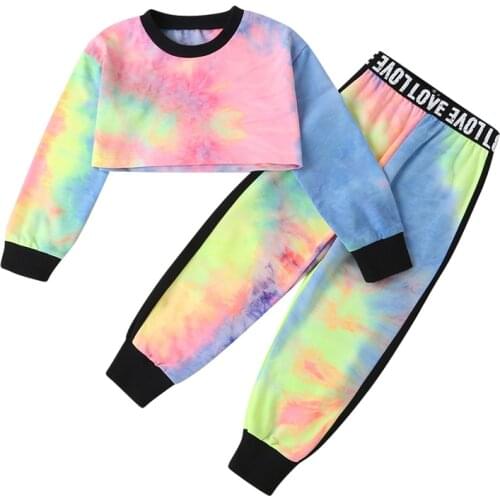 2020 2PCS Toddler Kids Baby Girl Clothes Sets Tie dye print Long Sleeve Crop Tops T-shirt Letter High Waist Pants Outfits