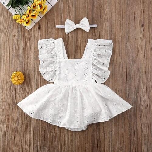 2021 Baby Summer Clothing 2PCS Newborn Kids Baby Girl Clothes Lace Ruffled Romper Dress Floral Jumpsuit Solid White Outfits