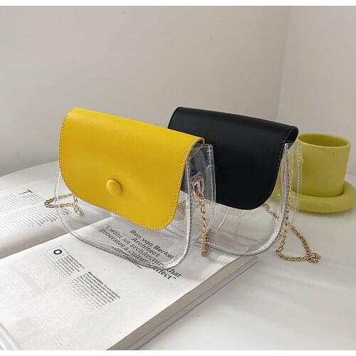 2021 Women Transparent PVC+PU Patchwork Shoulder Bag Small Chain Crossbody Female Small Flap Handbags Girls Travel Beach Purses
