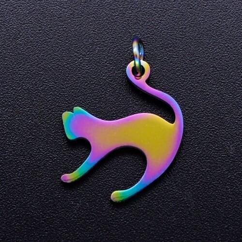 5pcs/lot 100% Stainless Steel Running Cat diy Charms With Rainbow Plated Wholesale Never Tarnish Charm for Bracelet Making