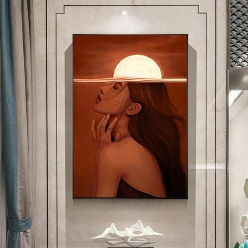 Abstract Modern Decorative Girl Sunrise Red Canvas Painting Poster and Print Wall Art Picture for Living Room Home Decor Cuadros