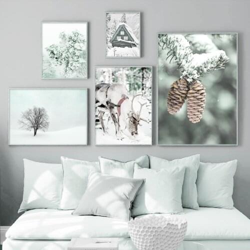 Alps Snow House Mountain Deer Pineta Tree Nordic Posters And Prints Wall Art Canvas Painting Wall Pictures For Living Room Decor