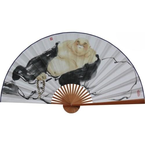 Large Folding Paper Fan Chinese Style Crafts Banboo Frame Background Decorative Fan Hanging Decoration Evening Maitreya