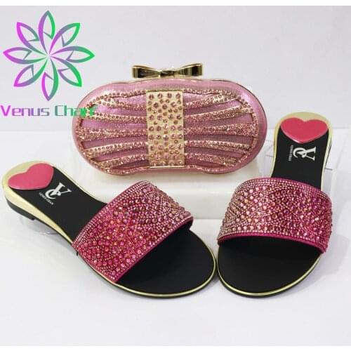 Fashion African Ladies Matching Shoe and Bag Pu Italian Shoes and Bags Set in Roes Red Color Mature Style New Arrivals Slipper