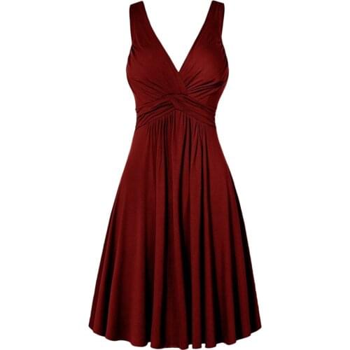 Dresses Plus Size V-neck Retro Vestidos Pleated Slim Flare Skirt Dresse A-line Solid Color Sling Vintage Mid-calf Party Dress