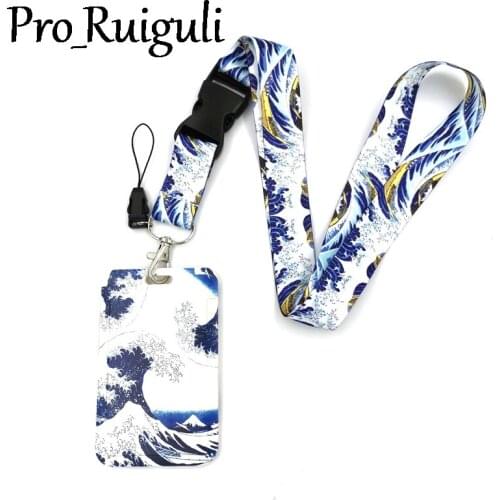 Kanagawa Hokusai Waves Lanyard Credit Card ID Holder Bag Student Women Travel Card Cover Badge Car Keychain Decorations
