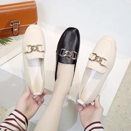 Ladies Fashion Loafers Womens Flat Shoes Square Toe Soft Bottom Slip On Metal Chain Women Casual Comfortable Female Footwear