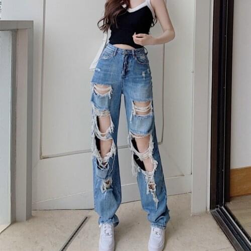 Y2k Fashion Holes High Waist Jeans Femme Pantalon 90s Vintage Streetwear Loose Korean Trousers Harajuku Women Denim Pants XS-L