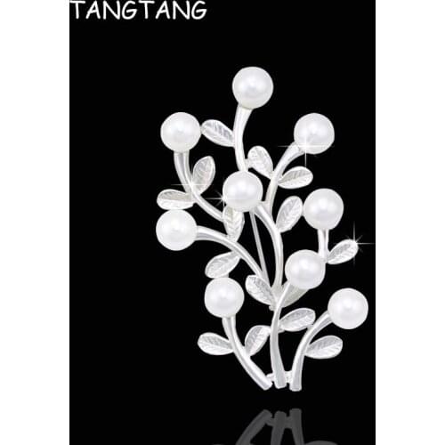 Unique Matt Silver Plated White Pearl Brooch For Women Wedding Crystal Tree Jewelry Pin Ornaments Classic Flower, Item: BH8234