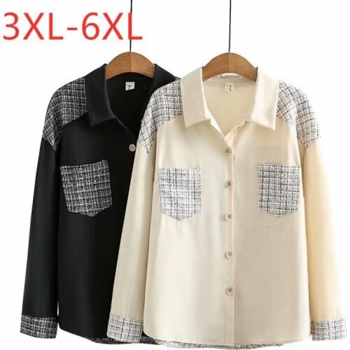 New 2021 Ladies Spring Autumn Plus Size Tops For Women Large Long Sleeve Loose Beige Black Plaid Shirt 3XL 4XL 5XL 6XL