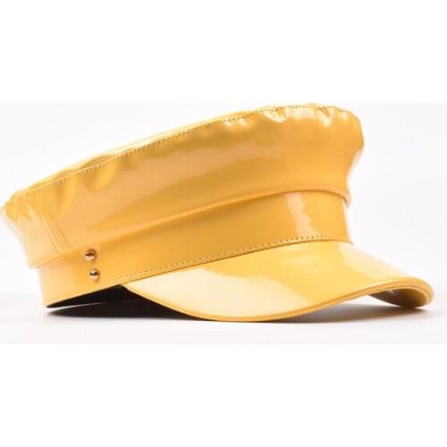 New Fashion Patent Military Hats High Quality Ladies Hats Solid Color Flat Top Hat PU Leather Bone Captain women Winter Berets