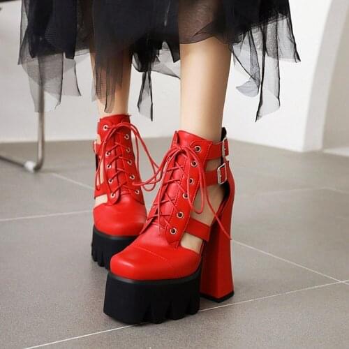 Womens Platform Belt Buckle Super High 6" Heel Punk Shoes Cut Out Pumps Creepers Oxfords Lace Up Plus Size Black Red Sliver A02