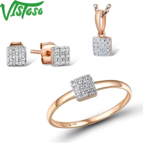 VISTOSO Jewelry Set For Woman Pure 14K 585 Rose Gold Sparkling Diamond Square Earrings Ring Pendant Set Fashion Fine Jewelry