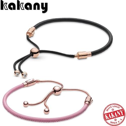 Kakany Original 1:1 High Quality 925 Sterling Silver Rose Black Leather Sliding Bracelet Fashion Female Jewelry Romantic Gift
