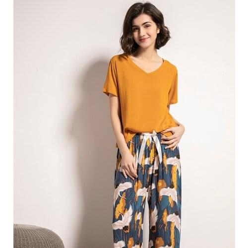 2021 Spring And Summer New Cartoon Crane Printed Ladies Pajamas Set Short Sleeve Top+Pants 2Pcs Soft Loose Homewear Casual Wear