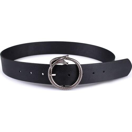 Womens Snake-Shaped Vintage retro Black Serpentine Design Round Buckle Belt Simple Desing BL501