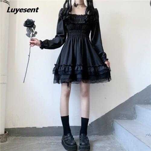 Black Gothic Dark Lolita Style Women Princess Mini Dress Slash Neck High Waist Dress Puff Sleeve Lace Ruffles 4XL Party Dresses
