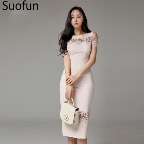 Suofun Vintage Sheath Lace Sheath Knee Hollow Out New Length Spaghetti Strap New Summer Slim Wrap Buttocks Office Women Dresses