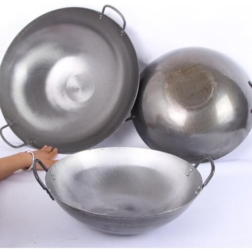 Chinese style traditional old double ears big iron pot wok without coating thickened round bottom frying pan large ladle hotel