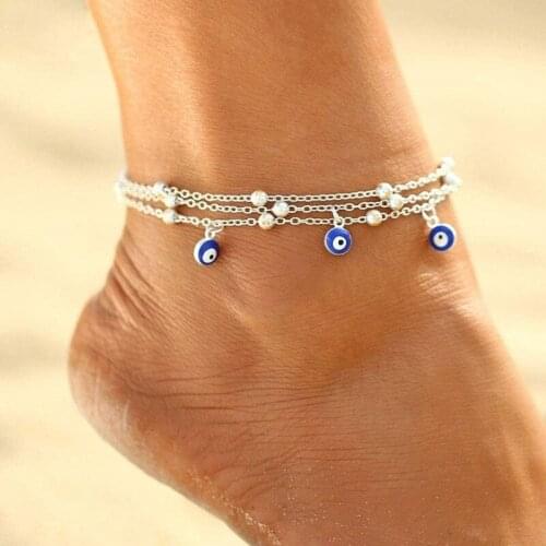 Bohemian Turkish Eyes Beads Anklets for Women Multi Layered Leg Chain Blue Evil Eye Bracelet On Leg Foot Summer Beach Jewelry