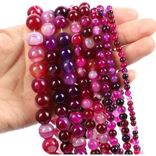 Natural Stone Beads Rose Red Striped Agate Loose Beads for Jewelry Making Needlework DIY Bracelet Strand 4-12 MM