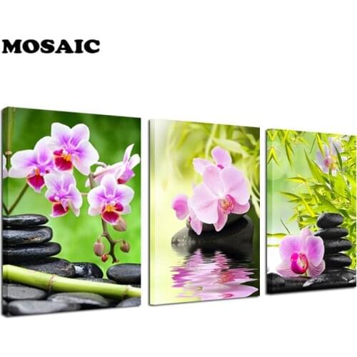 Orchid Flower Bamboo Stone 3 Pieces diamond painting zen buddha full square round diamond embroidery set for living Room decor