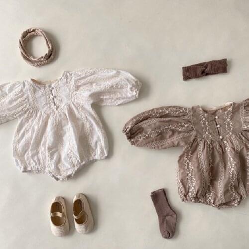 Baby Romper Embroidered For Newborn Baby Girls Romper Long Sleeve Lace Infant Playsuit Princess Toddler Pearl Clothes Cotton