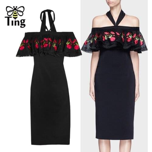Tingfly Designer Sexy Embroidery Slash Neck Bodycon Black Dress Women Summer Cold the Shoulder Ruffles Party Birthday Dresses