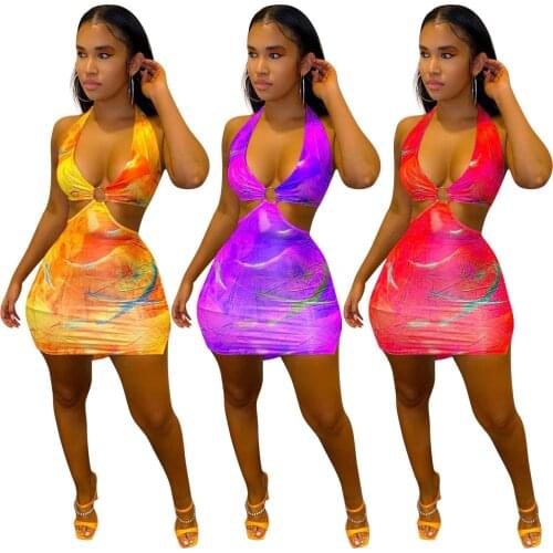 Echoine Tie Dyed Print Cut out Bodycon Dress Woman Halter Sleeveless Low-cut Beach Vestidos 2021 Summer Holiday Outfits