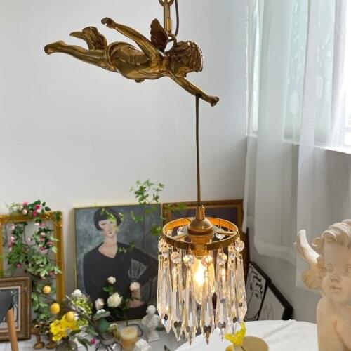 French Bedside All copper Crystal Lamp E27 Pendant Light Little Angel Model Retro Villa Restaurant Bay Window Bedroom Lighting