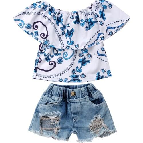 Emmababy Kids Baby Girl Ruffles Top T shirt+Ripped Denim Shorts 2pcs Outfits Set Size 1-4T