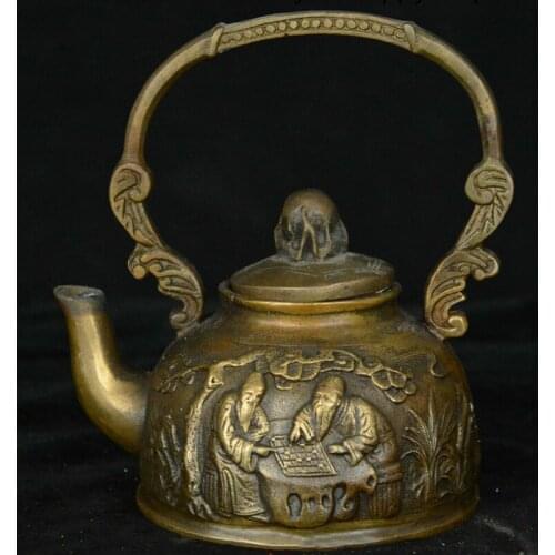 Chinese Bronze Pine Tree Old People Play Chess Wine Tea Pot Flagon Teapot Stoup Collection Ornaments Props Antique Home Decor