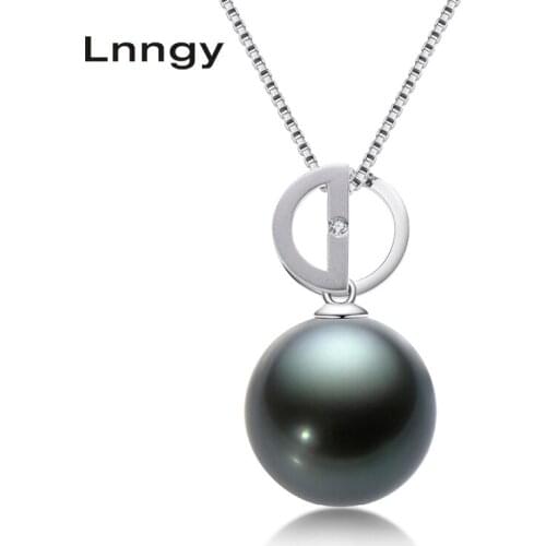 Lnngy Lnngy 18K White Gold 10-11mm Genuine Black Tahitian South Sea Cultured Pearl Pendant Necklace for Women Silver Chain