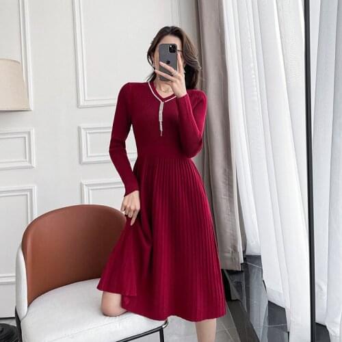 Fashion Knitted Dress Womens Long Sleeve V-neck A-line Bottomed Sweater Dress Eleagnt 2021 New Autumn Winter Vestidos Clothing