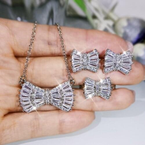 New Elegant Bow Jewelry Set With Fashion T-Shaped Zircon Fine Necklace S925 Silver Ring For Women Wedding Party Unusual Earrings