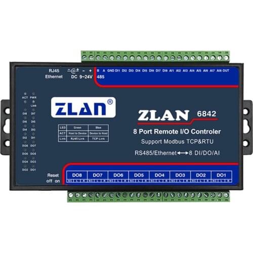 ZLAN6842 8 channels port remote I/O controller RS485 Ethernet to 8 Digital input Output analog input support modbus TCP RTU