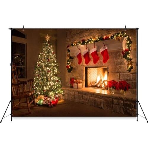 Christmas Photography Background Fireplace Red Socks Christmas Tree Family Photo Studio Backdrop Photocall Photobooth