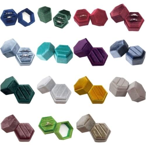 Hexagon Velvet Ring Box Double Ring Display Holder with Detachable Lid Ring Box Holder for Wedding Ceremony