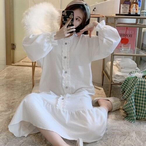 Korean Loose Long Sleeve Cotton Nightgowns for Women 2021 Spring Autumn Sleepwear Femme Home Dress Night Gown Nightdress Nighty