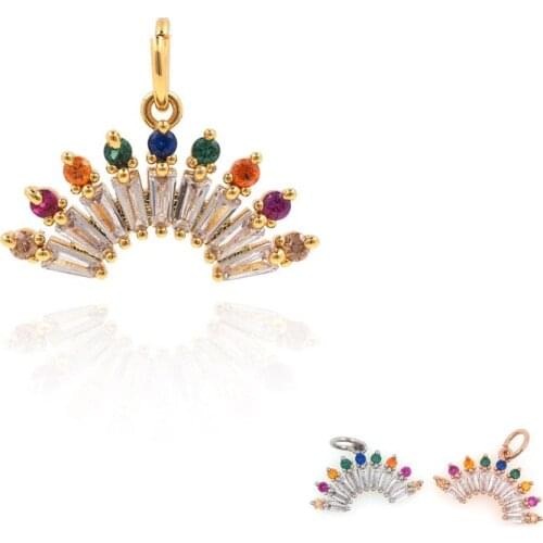 Rainbow CZ Fan-Shaped Pendant, Gold Fan-Shaped Rainbow Necklace, DIY Jewelry Making Accessories, 13.4x16.5x2.3mm